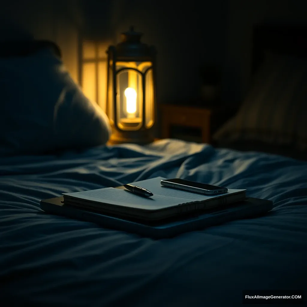 On a laptop, notebook, a pen, phone, on a bed, hyper-realistic, studio photography, lantern light, gloomy.