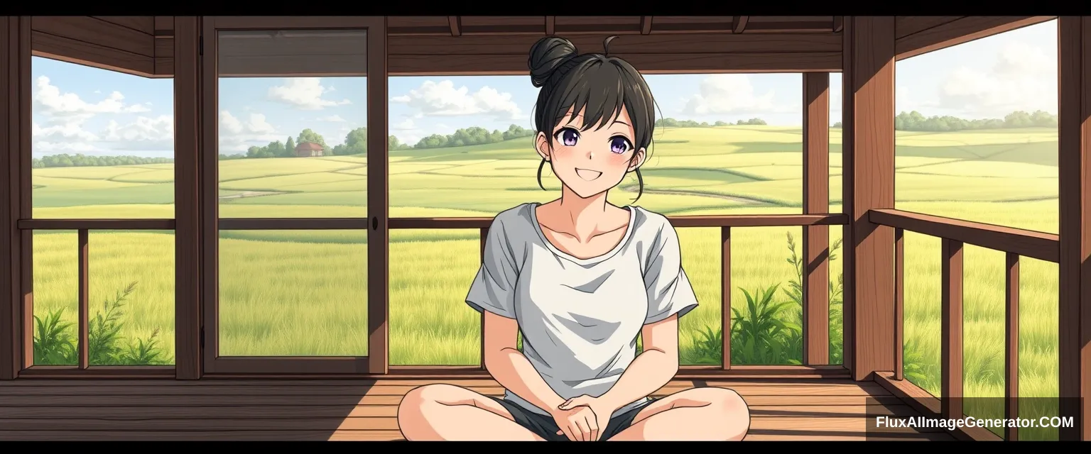 A woman in her 30s with a lovely smile and a bun hairstyle is sitting cross-legged on the veranda of a house overlooking a grassland. She is wearing casual clothing, and there is a lot of outside scenery. A detailed anime-style drawing of the woman. - Image