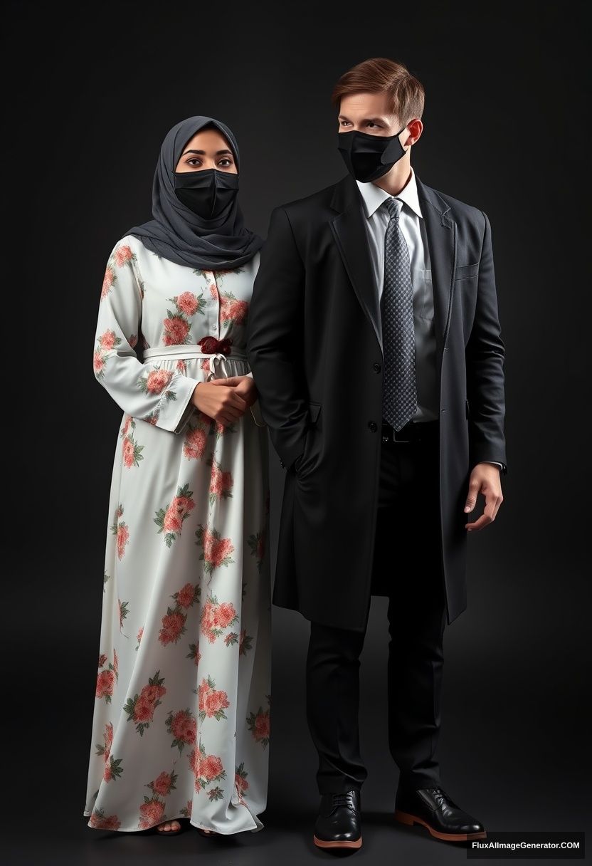 A big black hijab girl with beautiful eyes, wearing a black face mask, in the longest white floral dress, not tall, standing and holding his arm.

Jamie Dornan, the youngest, in a black suit coat, white shirt, grey pattern tie, black leather sneakers, a tall man, wearing a black face mask, with a fit tough body, standing near her, a loving couple.

Hyper-realistic, studio photography, photorealistic.