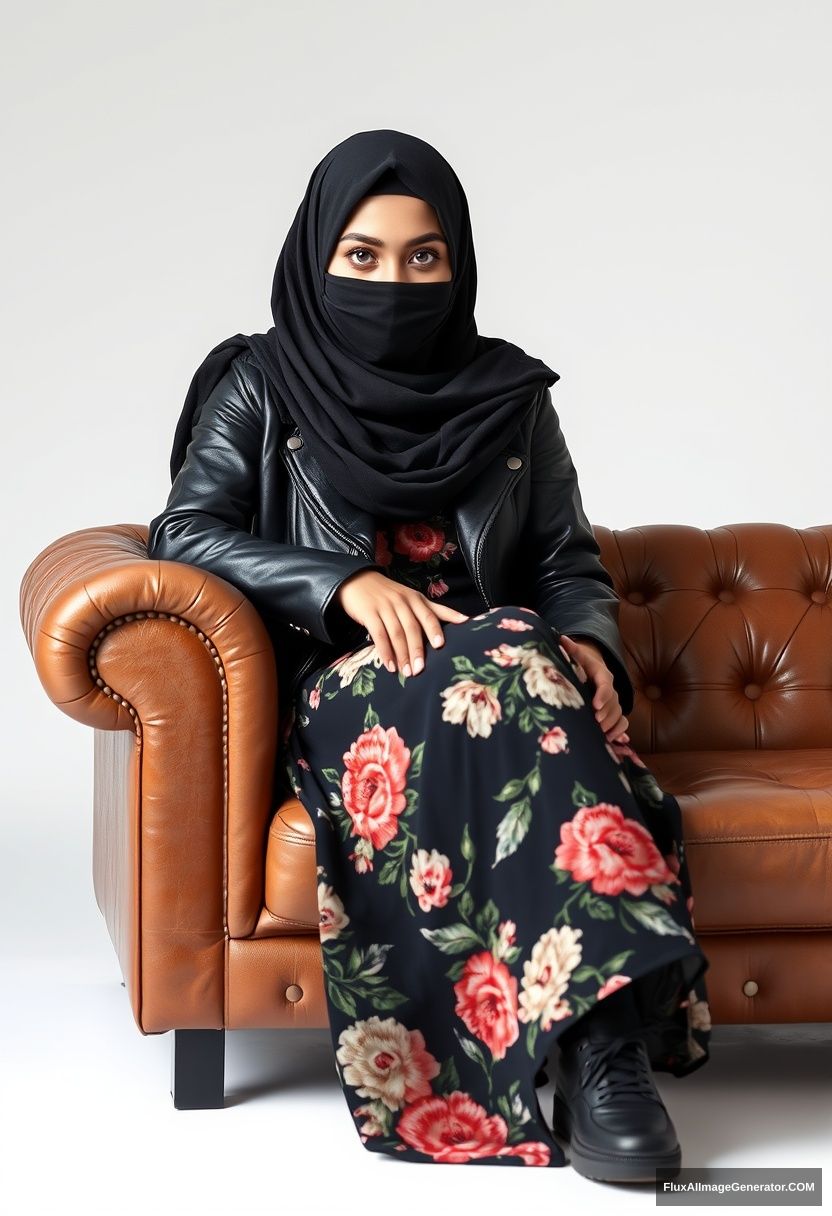 A biggest black hijab girl, burqa, beautiful eyes, black leather jacket, biggest floral long dress, black leather sneaker, sitting on leather single sofa, hyper realistic, studio photography.