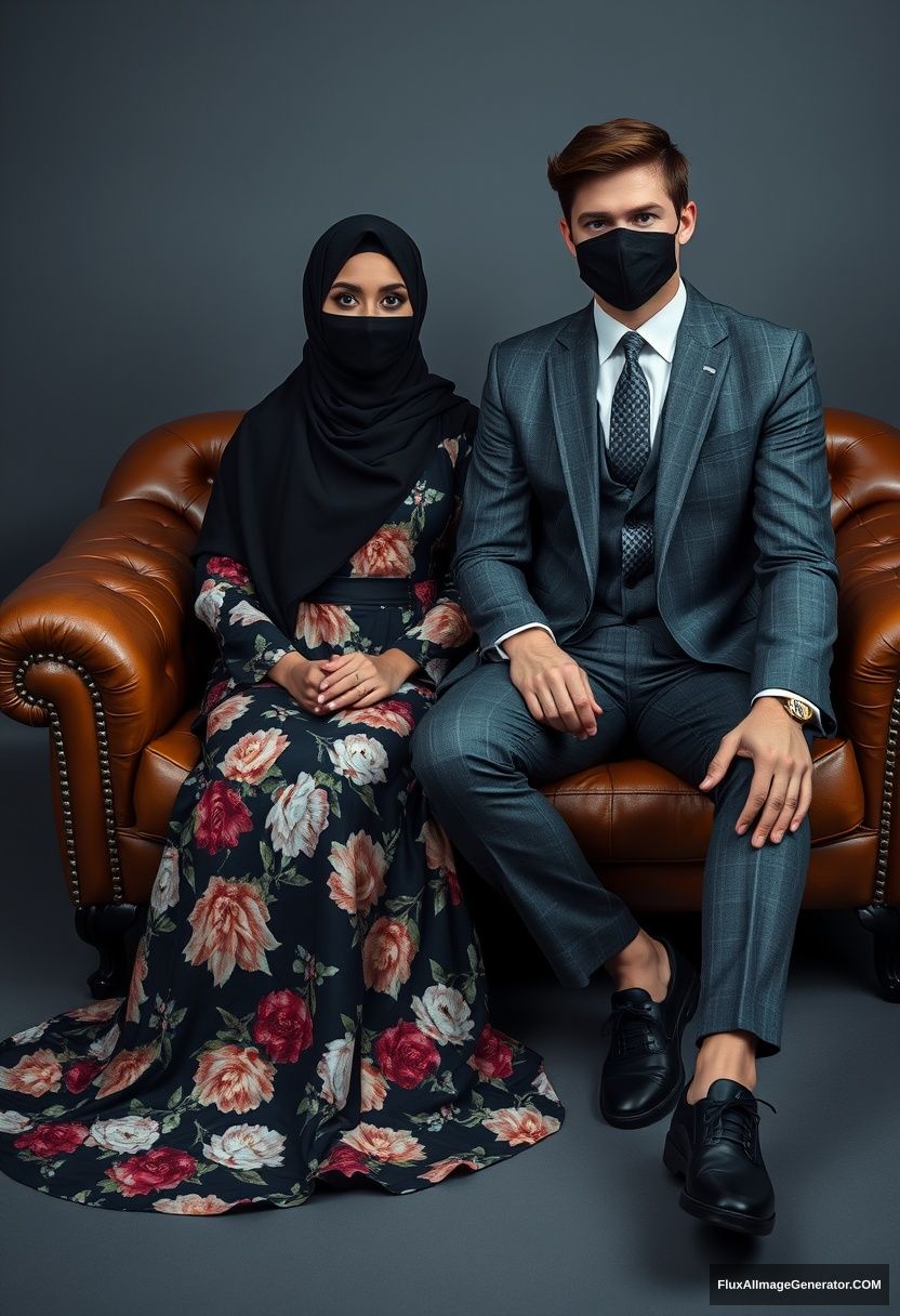 A big black hijab girl, slim girl, beautiful eyes, black face mask, wearing the largest floral longest dress, sitting on a leather single wing sofa,

Jamie Dornan, the youngest, wearing a grey suit coat, grey patterned tie, black leather sneakers, tall man, black face mask, fit body, sitting near her,

hyper-realistic, studio photography. - Image