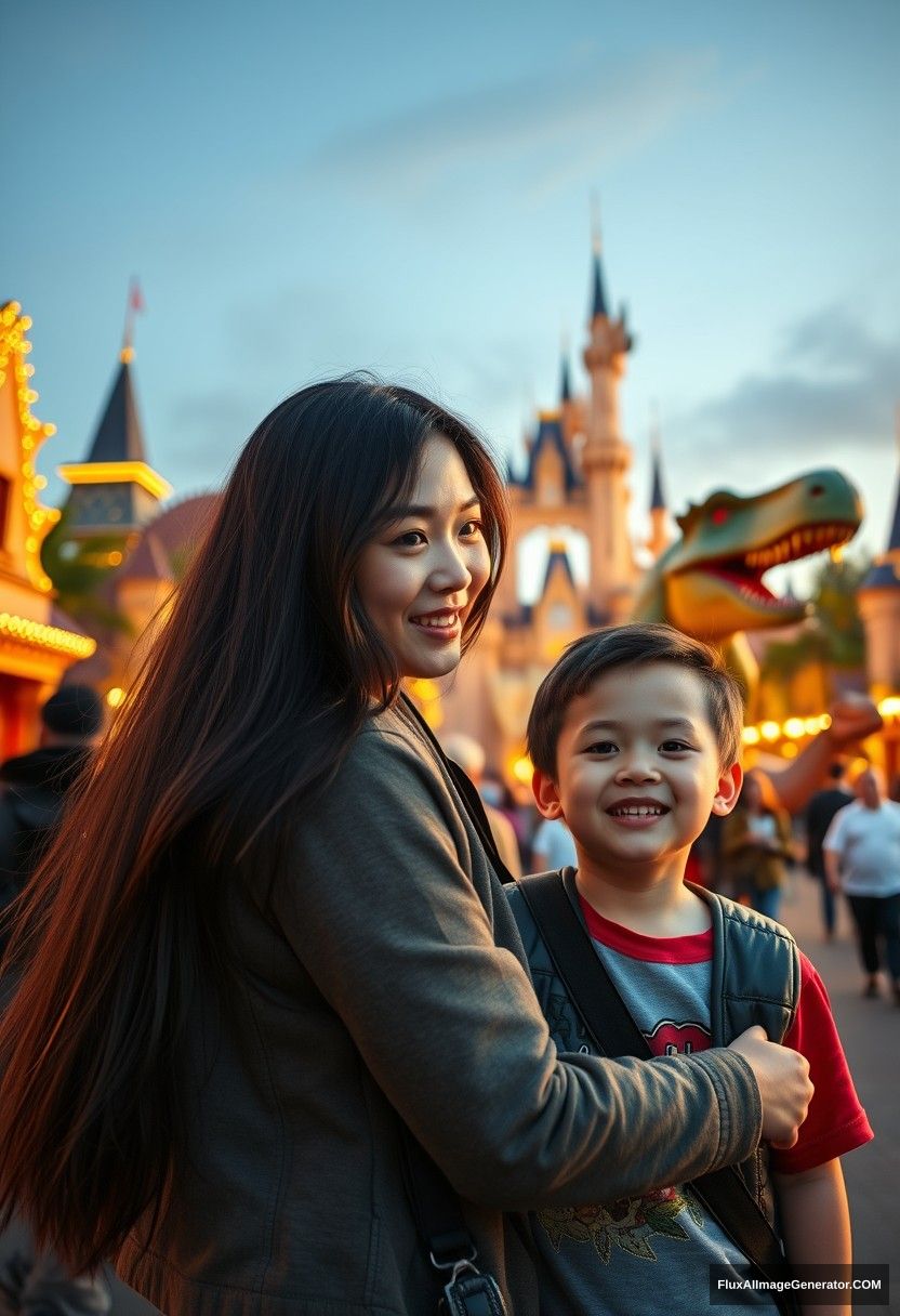 A long-haired beautiful Chinese mom is taking her seven-year-old son to Disneyland, dinosaurs, shows, wide angle, golden hour lighting, ray tracing, global illumination. - Image