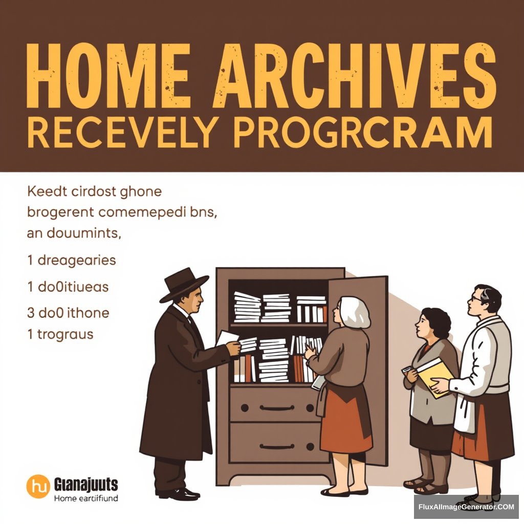 Make a promotional poster for a program called: Home Archives Recovery Program. The poster should depict historical figures from Guanajuato and other citizens depositing documents in an archive cabinet.