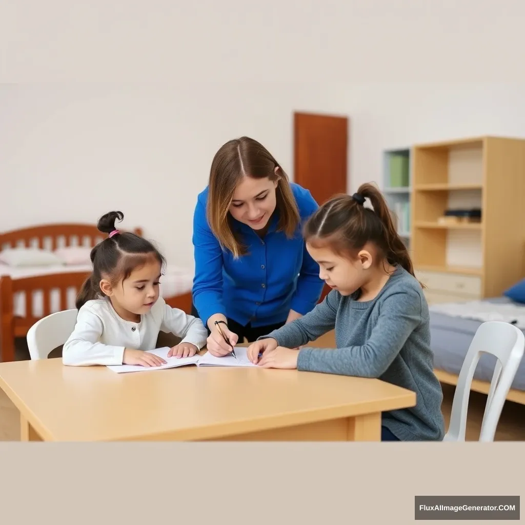 In the room, there is a bed, a table, and chairs, and the female tutor is helping the little girl with her homework.