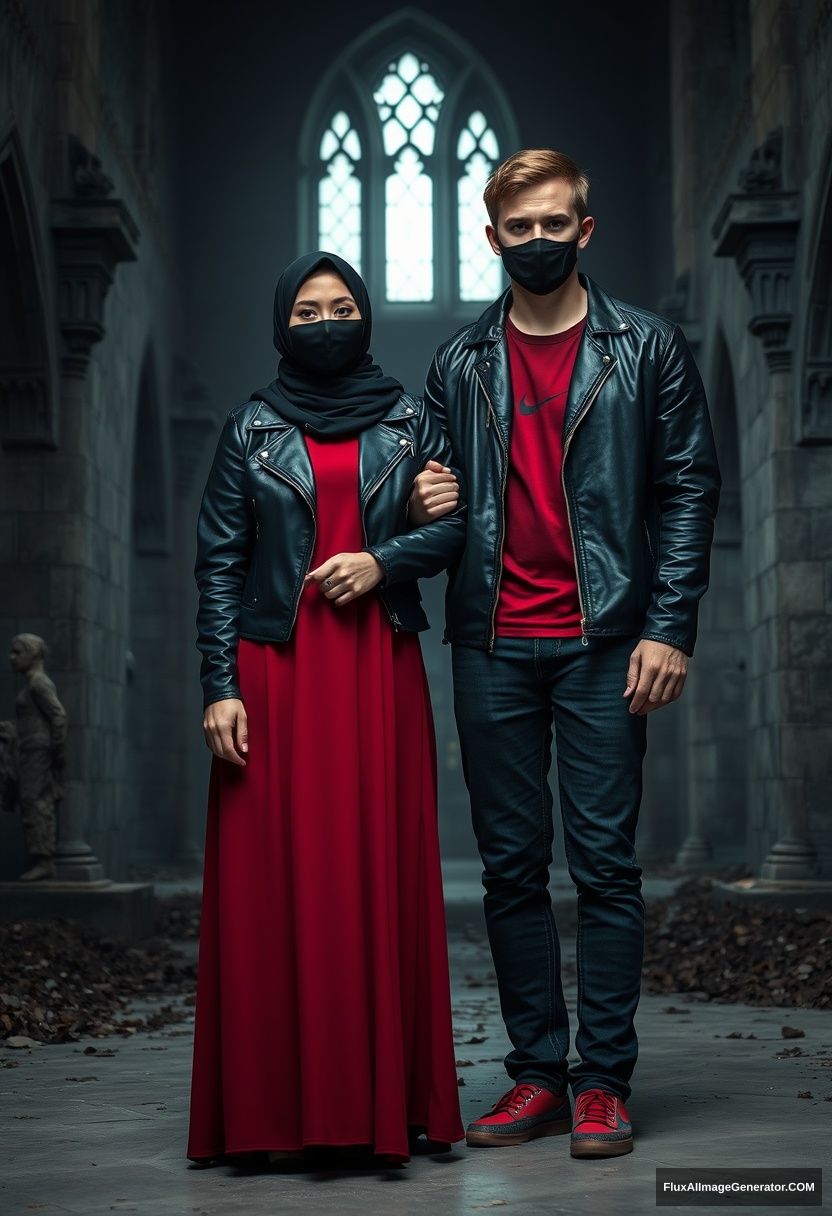 A biggest black hijab girl, beautiful eyes, face mask black, black leather jacket, biggest red longest dress, untall, standing near him and love, hold his arm,

Jamie Dornan, handsome, youngest, face mask black, fit and tough body, Nike red t-shirt, black leather jacket, jeans, red sneaker, tall man, standing near her

Hyper realistic, photorealistic, studio photography, Victoria's abandoned castle, gloomy.