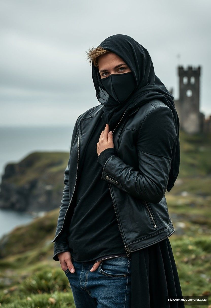 Jamie Dornan's head and body shot, handsome, youngest, black face mask, black leather jacket, jeans, dating, love with the biggest black hijab Muslim girl, not tall, beautiful eyes, face mask, maroon leather jacket, biggest black skirt, hyper-realistic, studio photography, full body photo, exploring at an abandoned castle, at sea, gloomy scenery.