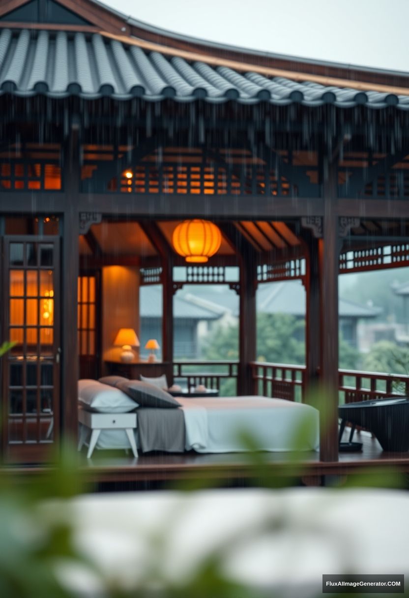 Outside view, a total of Oriental cabins, exquisite detail design, house bed without warm colored lighting, rainstorm, aesthetic sense, depth of field, foreground blur, comfortable, comfortable, relaxed, master composition.