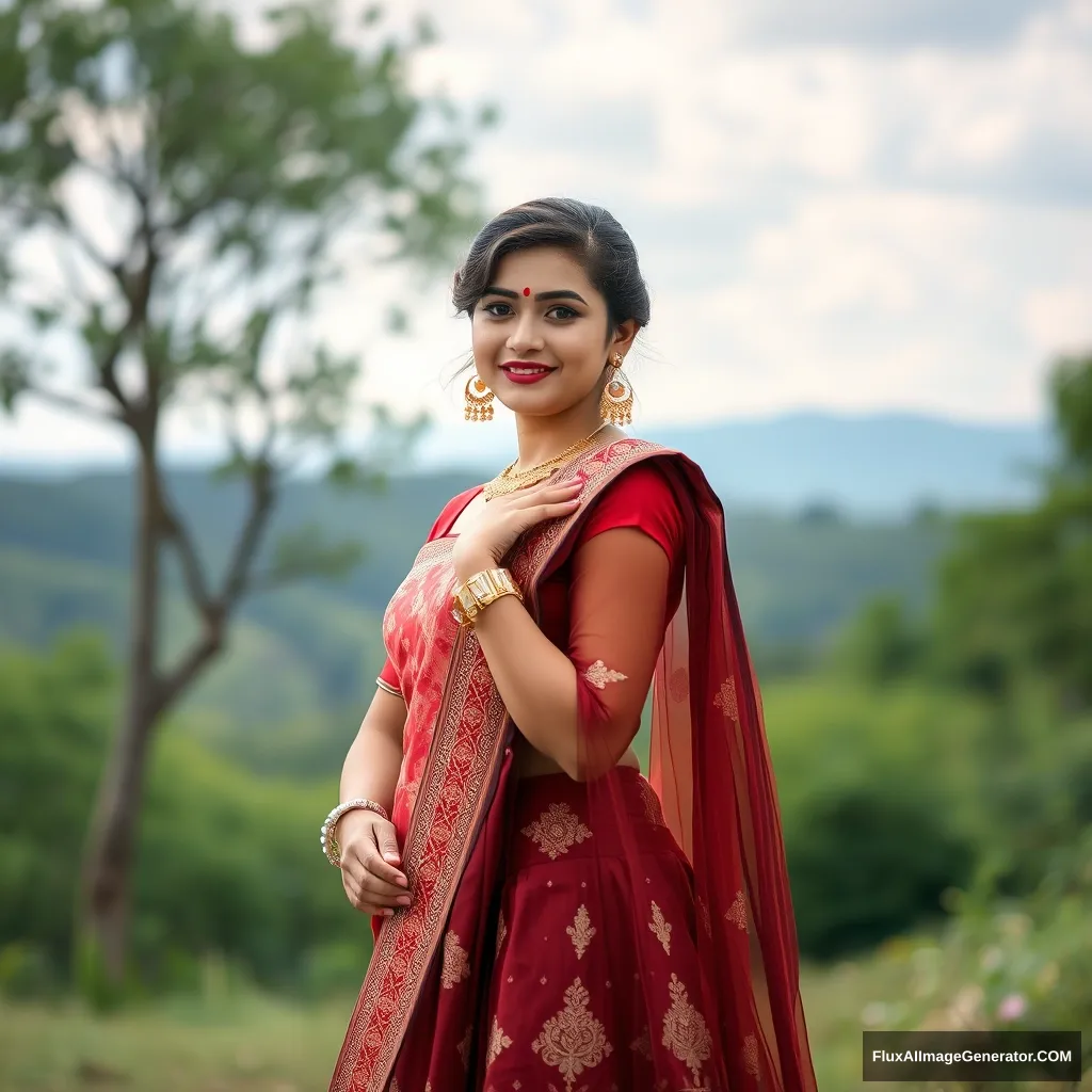 She is a white girl (no deformed body), with a fit face, blushing cheeks, a thick body, brunette hair, new imaginary hairstyles, outdoors in a beautiful natural place (Heaven). She is wearing a lehenga (full body, imaginary), posing cutely in full body portrait. The image is captured at 15360x8640 resolution by a Phase One XF IQ4 150MP Camera (8k quality), showcasing a super high-quality photo with saturated bold colors.