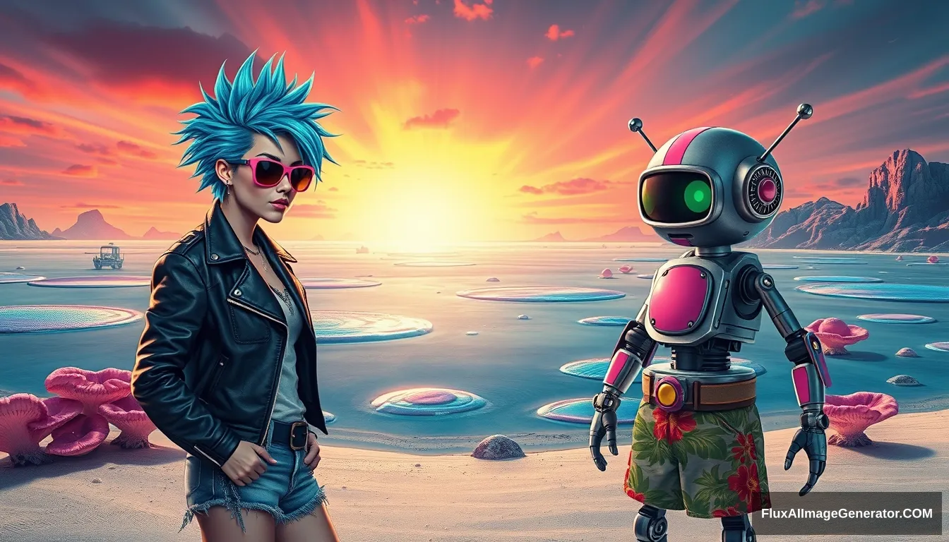 A striking, high-contrast scene showcases a punk girl with electric blue spiky hair and a leather jacket, alongside a very cute retro-futuristic robot in Hawaiian shorts, set against a surreal alien beach with iridescent fungi and shimmering lakes under a vibrant sky. - Image