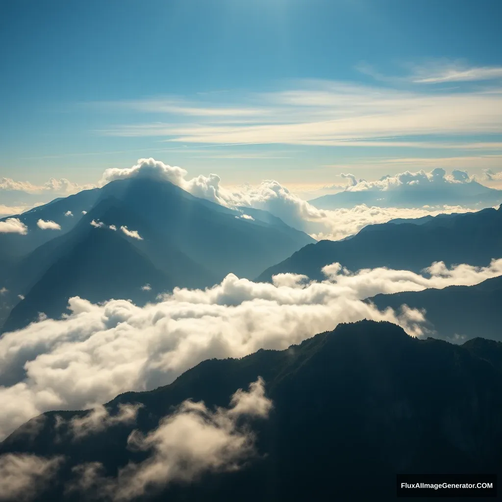 Wide mountain panorama with clouds and mountain peaks:: sunlight::1 ceramic::1 panorama::1 --v 6 --ar 16:9 - Image