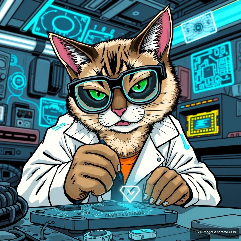 A tech-savvy Siamese cat, wearing oversized glasses and a lab coat, meticulously solders a complex motherboard. Set in a futuristic manga-style workshop with neon lights and floating holographic schematics. Determined expression, sharp line art, dynamic panel layout, and speed lines convey intense focus. - Image