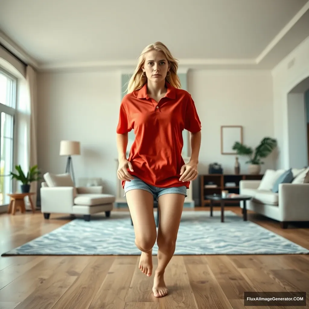 A front view of a blonde, skinny woman in her early twenties is in her massive living room. She is wearing a massively oversized red polo t-shirt that hangs unbalanced on one shoulder and is untucked. She also has on light blue denim shorts that reach her knees, and she is barefoot. Facing the camera with a worried expression, she runs toward it with both arms straight down at her hips.