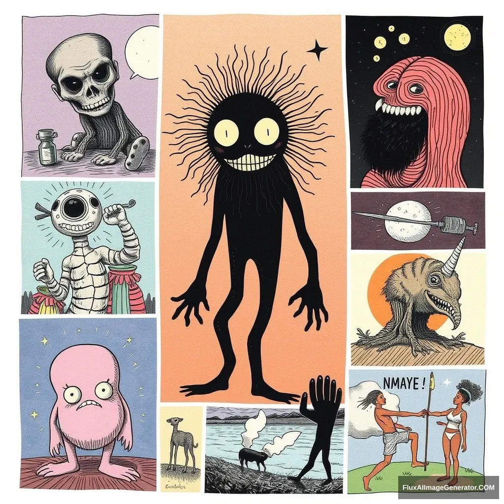 Collage of different weird illustrations