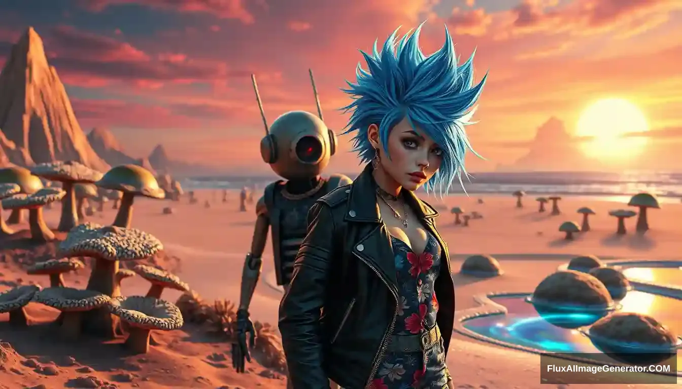 A vivid, high-contrast scene features a punk girl with electric blue spiky hair rendered in the intricate style of Enki Bilal with ray tracing effects. Photo: Digital painting of a vivid, high-contrast scene features a punk girl with electric blue spiky hair and a leather jacket, beside a charming retro-futuristic robot in Hawaiian shorts, on a surreal alien beach adorned with iridescent fungi and shimmering lakes, all beneath a vibrant, dreamlike sky.