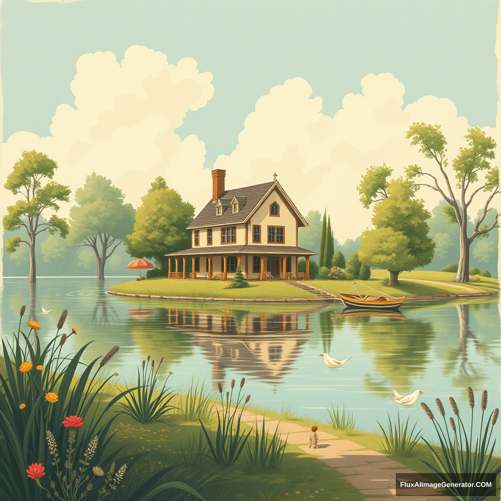 Vintage illustration style, a lovely house by the lake, summer day.