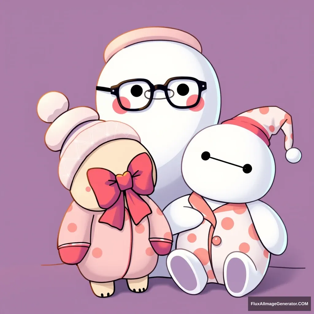 Sweet Kawaii bowtie with glasses, little hat, and pajama next to Baymax, who is wearing a beautiful pajama and a sleepy hat. - Image