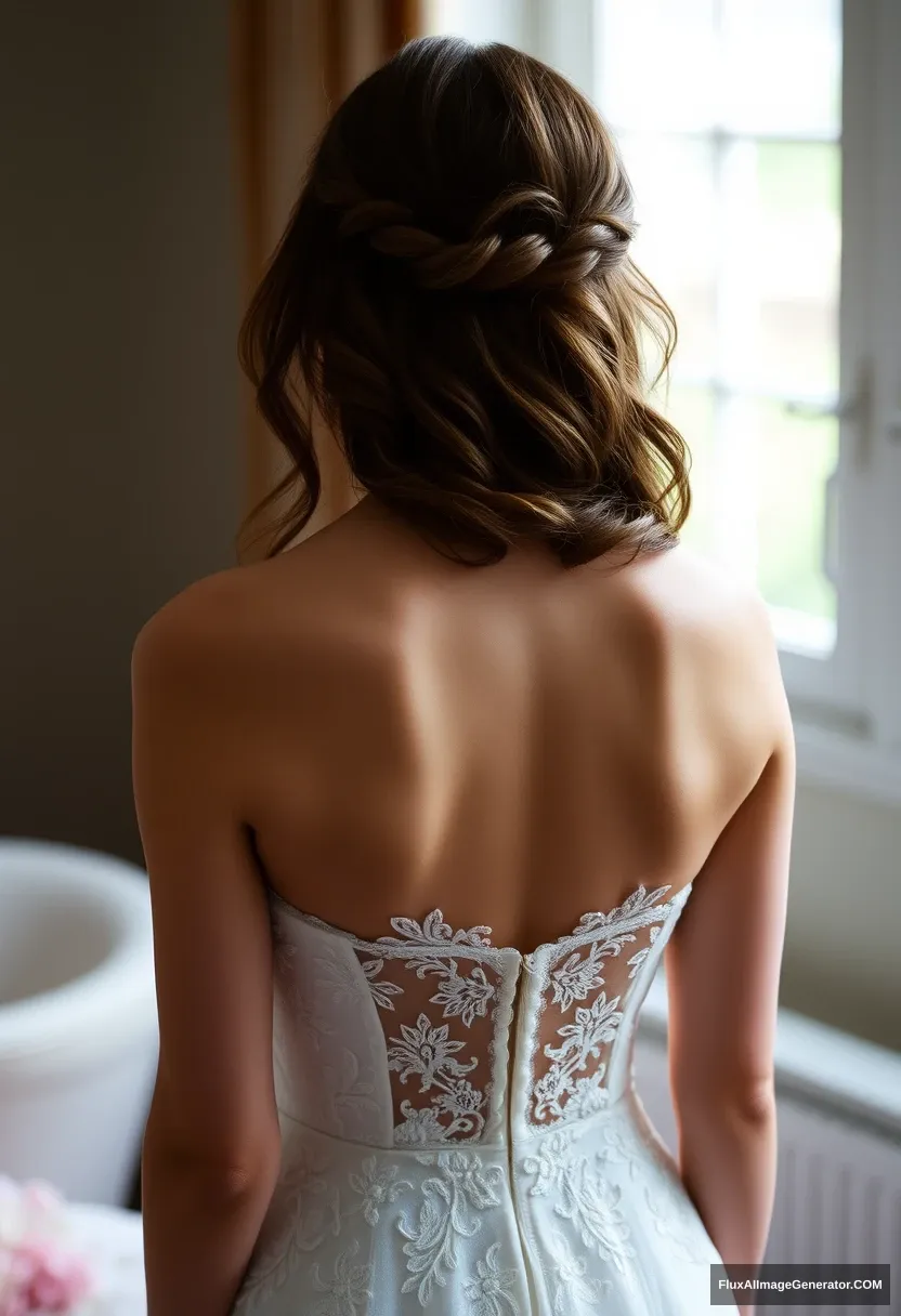 a young woman, sensitive, delicate, ashamed, backless strapless wedding dress