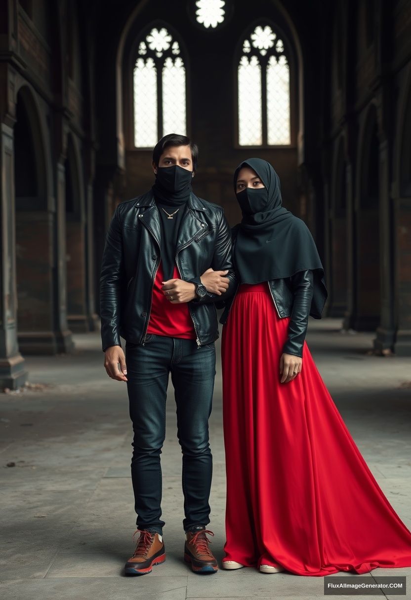 A biggest black hijab girl, beautiful eyes, face mask black, black leather jacket, biggest red longest dress, not tall, standing holding his arm,

Jamie Dornan, handsome, youngest, face mask black, fit and tough body, Nike red t-shirt, black leather jacket, jeans, red sneakers, tall man,

Hyper-realistic, photorealistic, studio photography, Victoria's abandoned castle, gloomy.