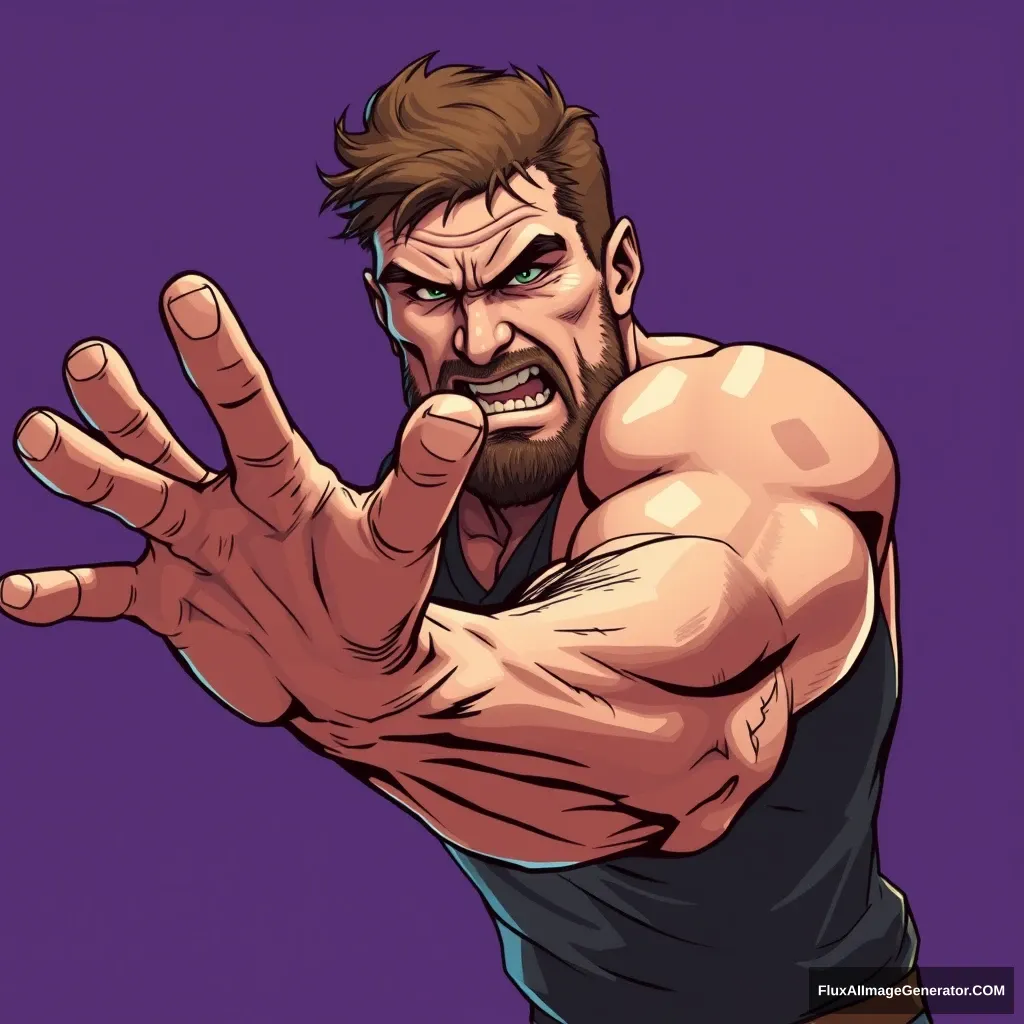 Cel shaded art, a strong man is trying to grab something, spreading his fingers. - Image