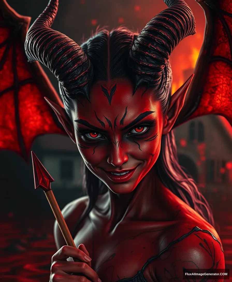 Red-skinned demon girl, twisted horns, demon girl, evil smirk, drawing, red water, demon wings in the background, the background of a burning house, a lot of small details, hyper detail, acceleration, speed, dark exposure, the highest quality, the highest detail, ambient lighting, intricate, exquisite details and textures, sharp focus, high resolution, detailed eyes, 8k uhd, nikon d850, high quality, film grain, hyper realistic skin (detailed skin:1.3)