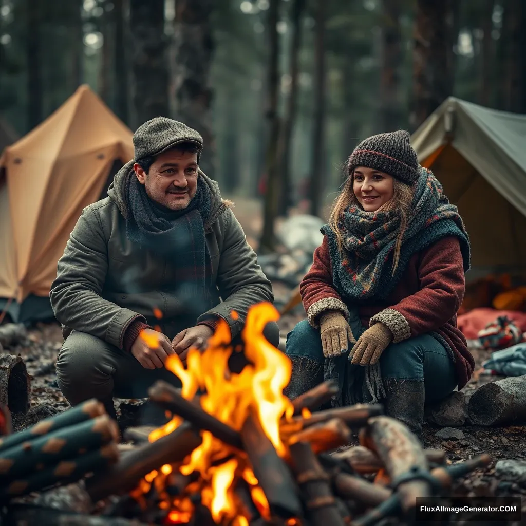 A man and a woman, dressed in many clothes, warm themselves by a campfire, surrounded by trees and tents, and the overall feel is cinematic.