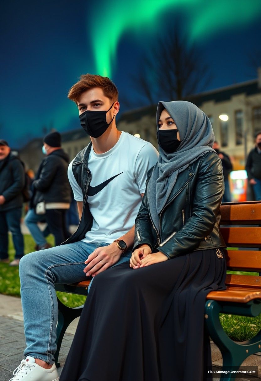 Jamie Dornan, tall, young, wearing a black face mask, white Nike t-shirt, and jeans, dating a lovely, romantic Muslim girl in a grey hijab with beautiful eyes, also wearing a black face mask, a leather jacket, and the longest, biggest skirt, who is not tall. They are sitting together on a park bench, talking to each other in town, with strangers in the background. The scene is photorealistic, resembling street photography or selfie photos, set against a night scenery with the aurora borealis.