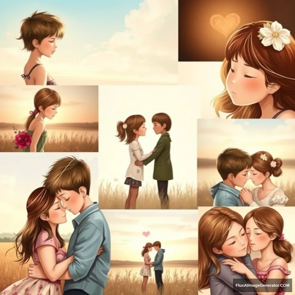 Collage of different tender images about love between a boy and a girl.