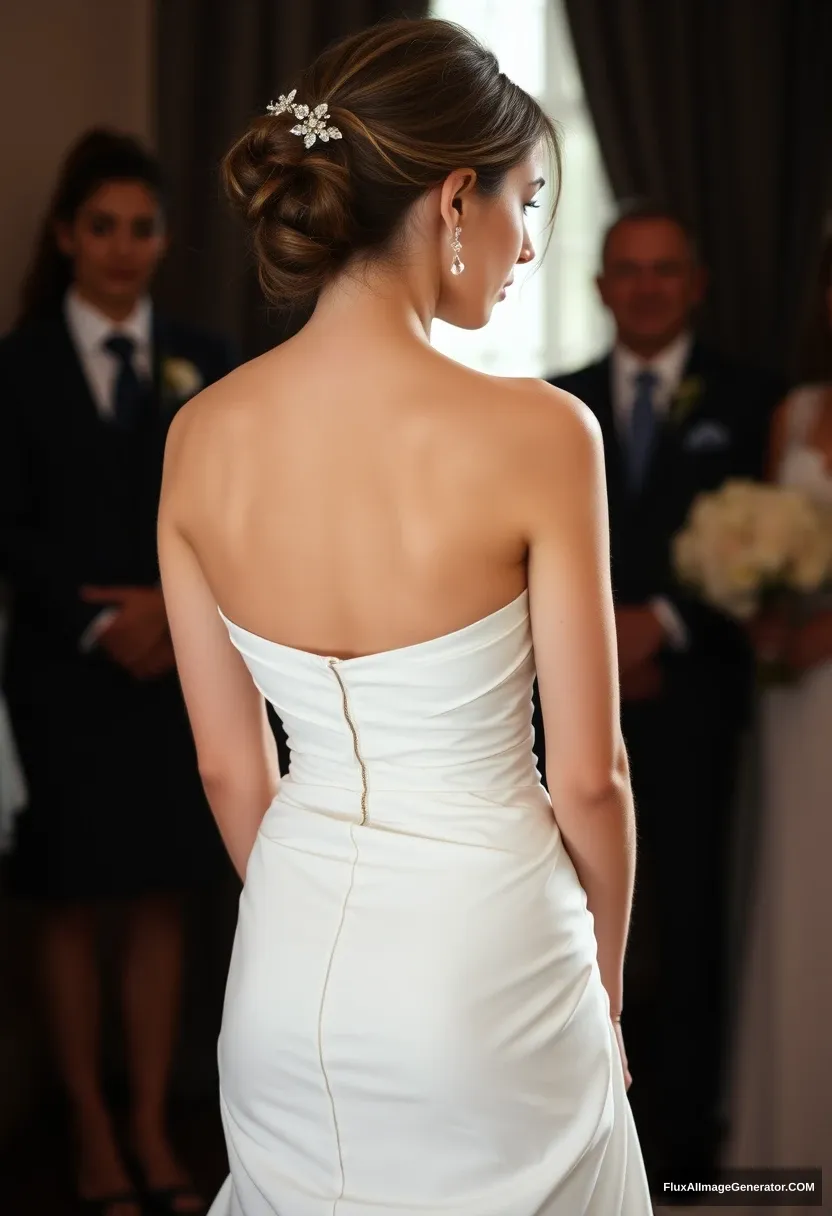 A short young woman, sensitive, delicate, ashamed, wearing a backless, strapless, side-less, low-waisted, open-back contouring wedding dress with a top that is too loose and seems to be spilling, in front of patriarchy, expectations.