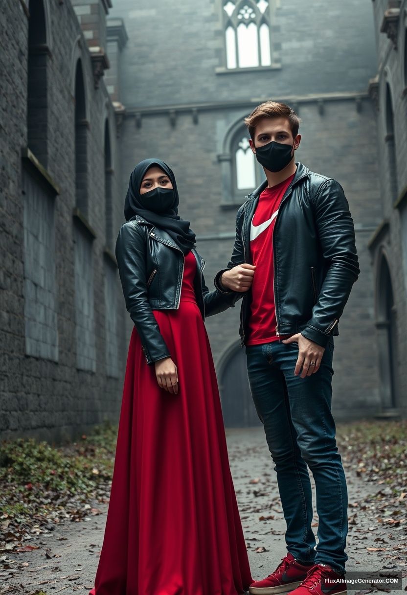 A biggest black hijab girl, beautiful eyes, face mask black, black leather jacket, biggest red longest dress, not tall, standing near him and in love, holding his arm,

Jamie Dornan, handsome, youngest, face mask black, fit and tough body, Nike red t-shirt, black leather jacket, jeans, red sneakers, tall man, standing near her.

Hyper realistic, photorealistic, studio photography, Victoria's abandoned castle, gloomy.