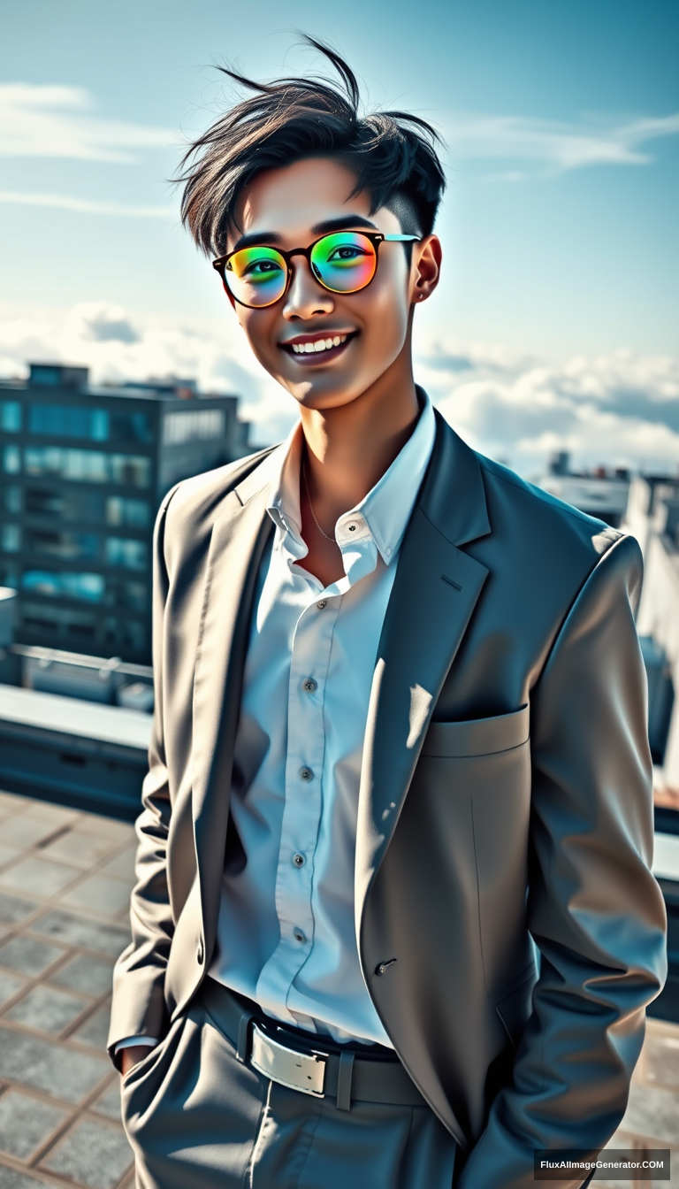 Subject: Full-body portrait of a handsome young man  
Style: Futuristic city, sci-fi style  
Background: Rooftop in a futuristic city with layers of clouds visible  
Atmosphere: Relaxed and carefree, with a hint of rebellious personality  
Clothing: Business professional, like a high-end suit paired with high-quality suit pants  
Hairstyle: Short hair, stylish with a slightly messy feel, showcasing individuality  
Expression: Smiling, confident gaze, with the corners of the mouth slightly upturned  
Posture: Relaxed standing position, hands naturally hanging down, exhibiting a state of ease  
Light and Shadow: Bright sunlight during the day, creating cold-warm contrast, highlighting the young man's outline and expression  
Color: Mainly using laser gradient colors  
Details: Pay attention to the texture of the clothing, such as the exquisite details of the high-end suit, the quality of the fabric, and the youth's delicate skin  
Accessories: Wearing a pair of color-changing round glasses, with the option to add personalized accessories like a watch, necklace, or earrings for a fashionable touch  
Requirements: Wearing high-quality leather shoes, masterpiece, best quality.