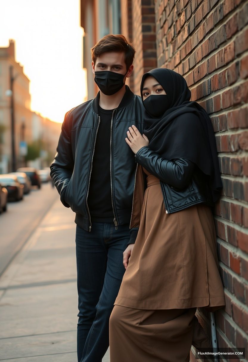 Jamie Dornan, handsome and young, wearing a black face mask, a collage jacket, and jeans, dating a beautiful Muslim girl in a big black hijab with lovely eyes, also wearing a black face mask, a black leather jacket, and a big skirt, standing and lying against a brick wall. The town's morning scenery features a sunrise, captured in photorealistic street photography.