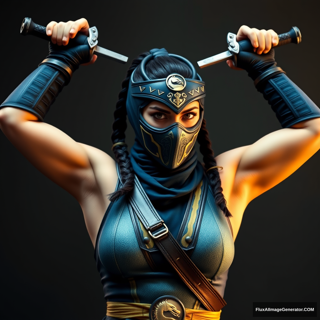 Kitana from Mortal Kombat as a real-life human female, arms crossed above her head with weapons in her hands.