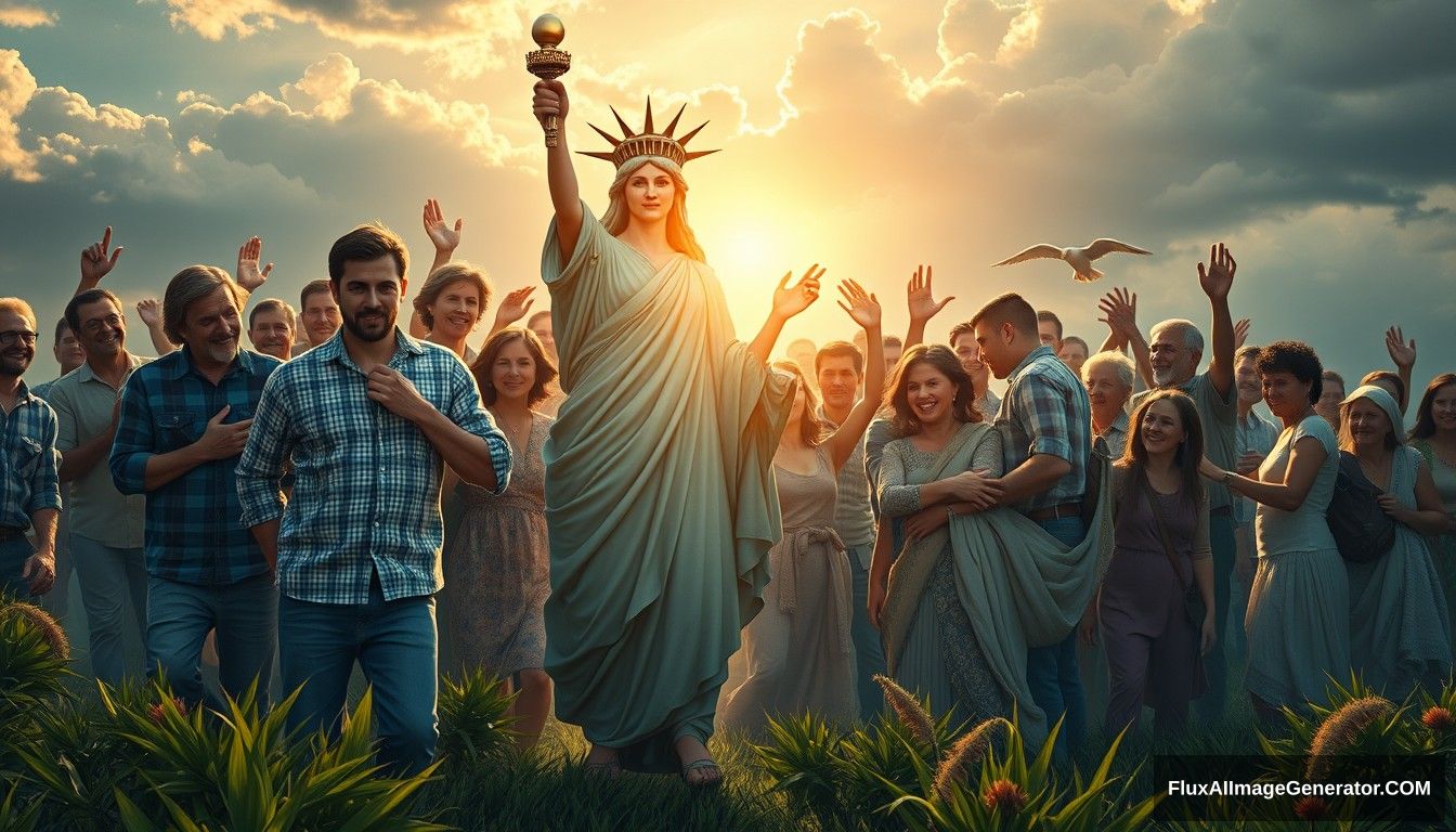 Hyper-realistic style featuring a powerful and inspiring image depicting the concept of blockchain and decentralization. In the foreground, a goddess symbolizing blockchain and decentralization leads the people towards a bright future, reminiscent of the iconic painting 'Liberty Leading the People.' She is surrounded by families and individuals of predominantly European descent who are joyous and supportive, embracing and helping each other. The scene is vibrant and full of hope, capturing the essence of unity, progress, and decentralized, family-based agricultural production. Light shines from the front, illuminating the scene. No robots are present among the people.