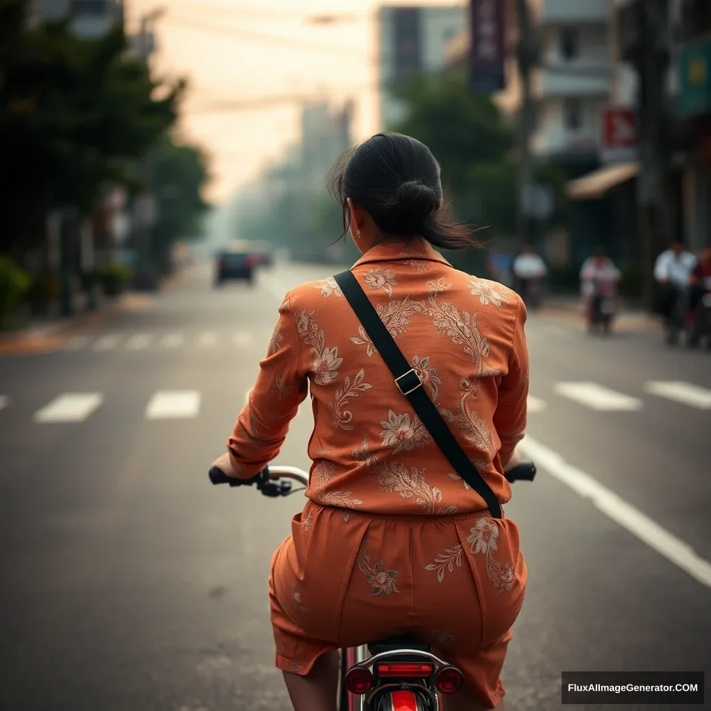 "A Chinese woman riding a bicycle, viewed from behind." - Image