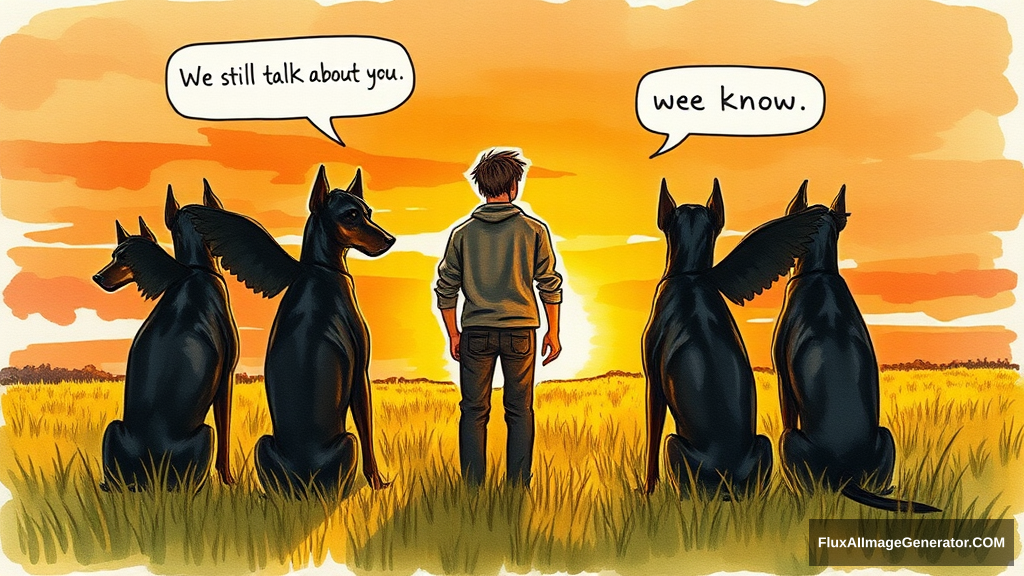 Messy hand drawn watercolor illustration: male figure in meadow at golden hour, silhouetted against vibrant sunset sky. Three winged canines, black and tan Doberman companions, sat beside, facing away from the viewer. Speech bubbles float above: "We still talk about you" (person), "we know" (dog). Nostalgic atmosphere, brushstrokes convey wistful longing.