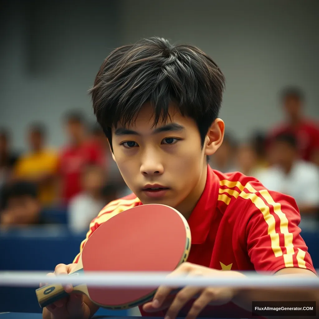 Table tennis racket, male focus, realistic, Chinese team athlete, motion moment brunette, blur, table tennis, 1 boy, racket, motion blur, red and gold striped tracksuit, blurred spectator in the distance, Asian ... - Image