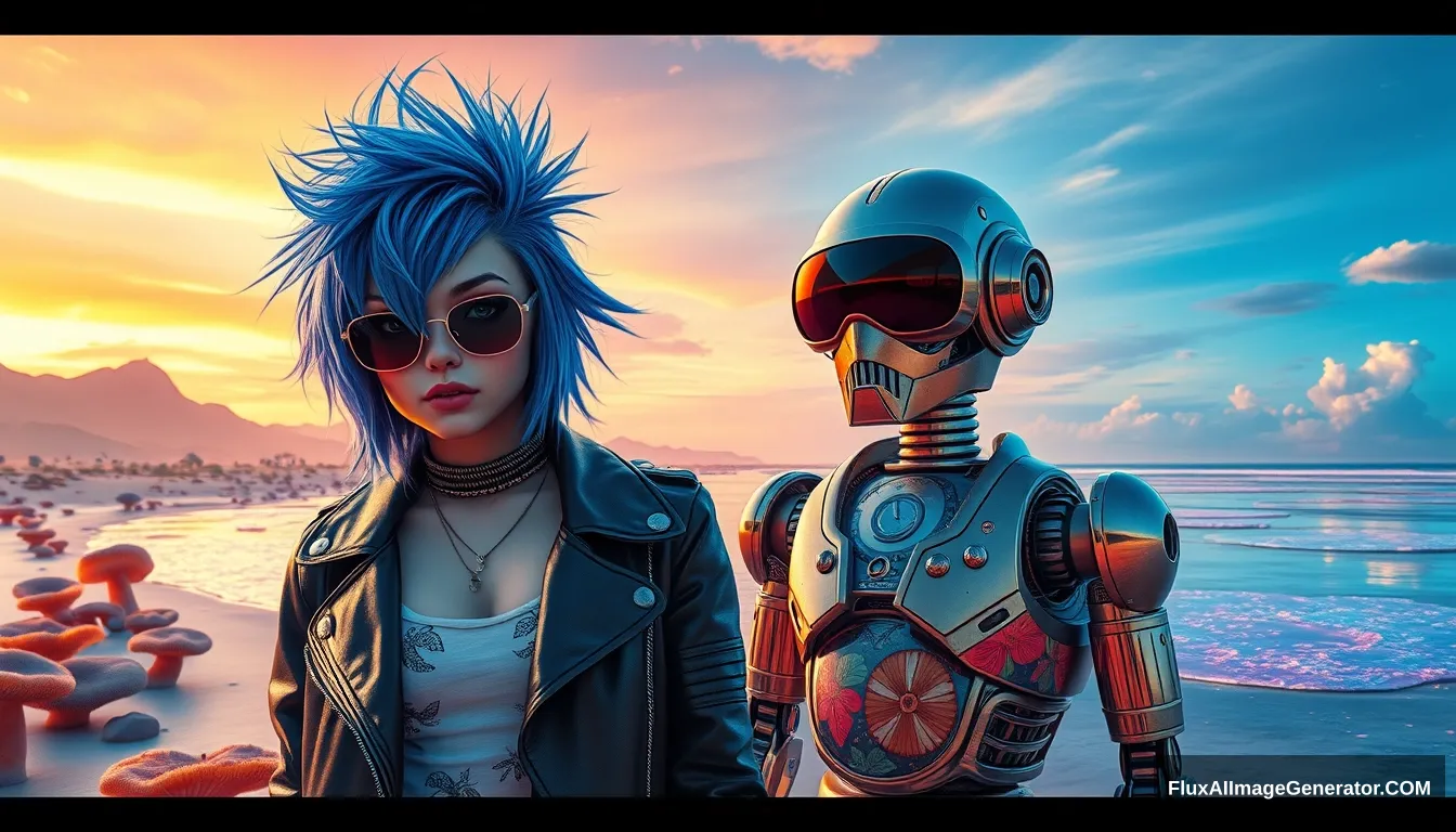 A striking, high-contrast ((( realistic ))) scene showcases a punk girl with electric blue spiky hair and a leather jacket, alongside a very cute hunk retro-futuristic robot in Hawaiian shorts, set against a surreal alien beach with iridescent fungi and shimmering lakes under a vibrant sky.