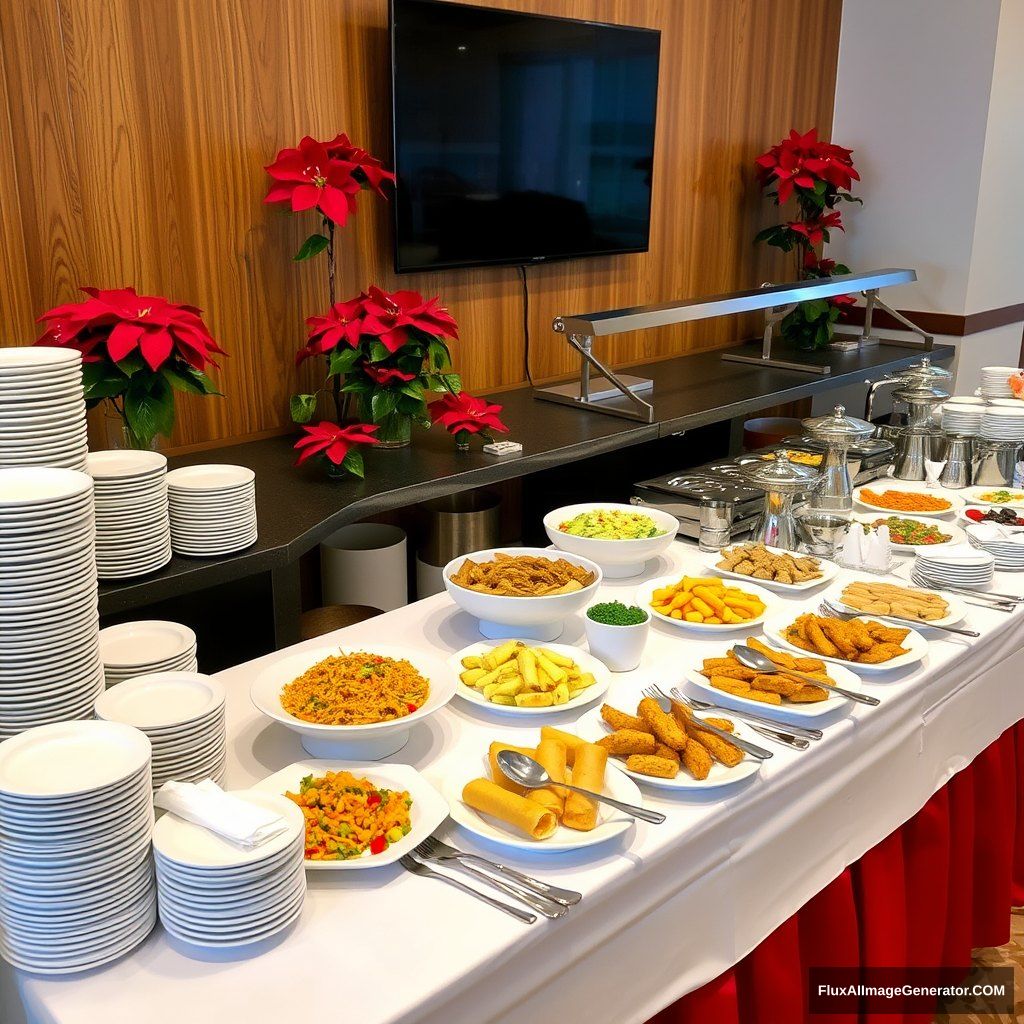 Photograph of a buffet setup with a variety of dishes on a long table covered with a white tablecloth and a red skirt. The table includes plates of salad, fried food, and spring rolls, with utensils and condiments neatly arranged. The setup features high-end stainless steel buffetware, meeting five-star hotel standards. There are stacks of plates and bowls on the left side, along with a stack of napkins and silverware. The background features a wooden panel wall with a mounted TV, and red poinsettia plants adding a festive touch. The overall atmosphere is elegant and organized, ready for guests to enjoy. - Image