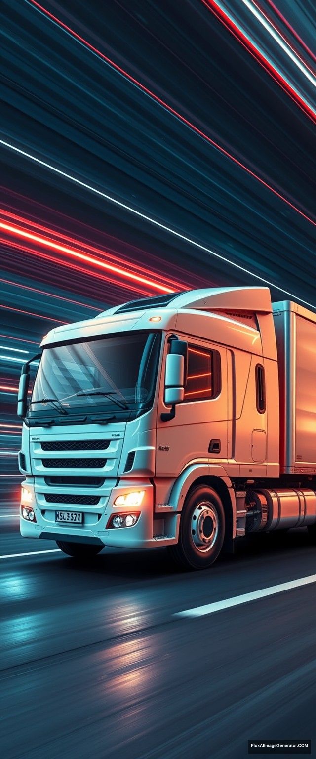 The truck has simple and dynamic lines, driving high-tech trucks, speed lines, glow; the overall picture is bright and clean, full of a sense of the future, a sense of science and technology. - Image