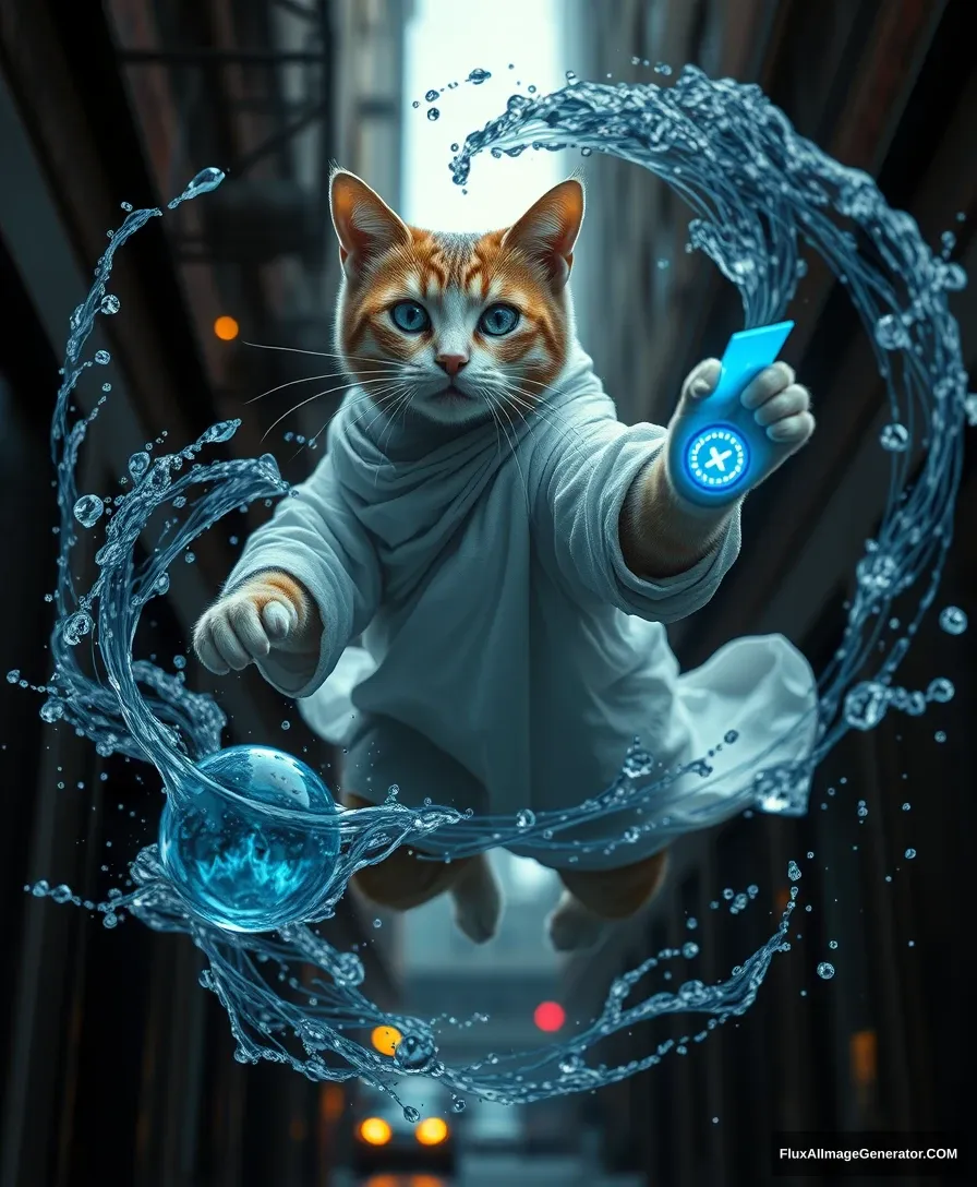 An anthropomorphic cat wearing white linen is depicted in an action pose, swirling water with an arrow symbol in its paw, floating above a street in a dark city alleyway. Swirling magic effects and energy waves surround the cat, with a blue glow on its face and body, looking at the camera, hyper detailed, movie still, ultrawide.