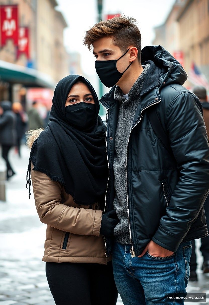 Jamie Dornan, handsome, young, wearing a black face mask, a snow jacket, and jeans, dating a beautiful Muslim girl in a black hijab with beautiful eyes, also wearing a black face mask and a black leather jacket, standing together in a winter scenery at town, photorealistic, street photography. - Image