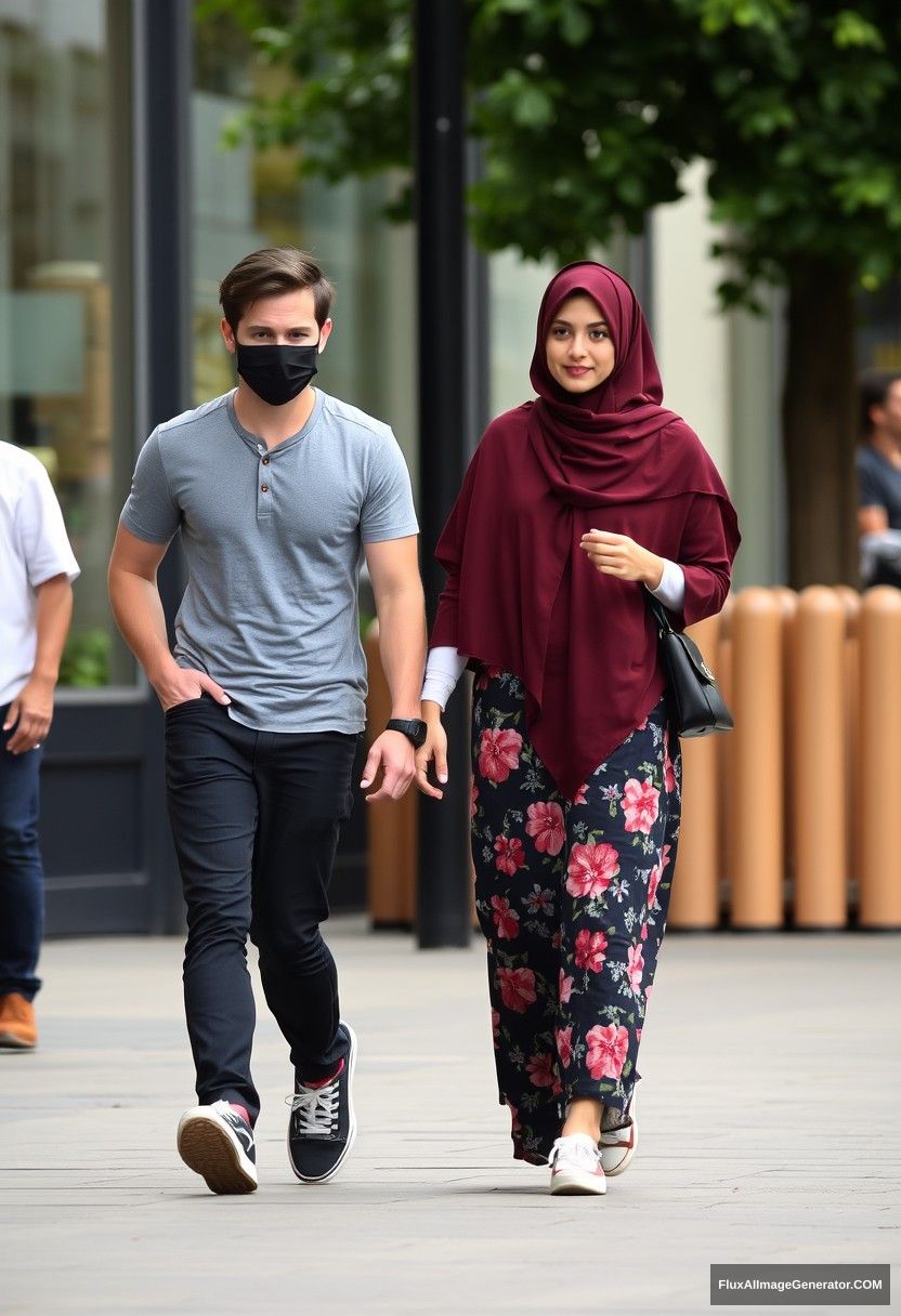 Jamie Dornan, wearing a black face mask, dating, love, walking in town with a girl in the biggest maroon hijab, a slim girl, not tall, wearing the biggest longest floral skirt, and sneakers.