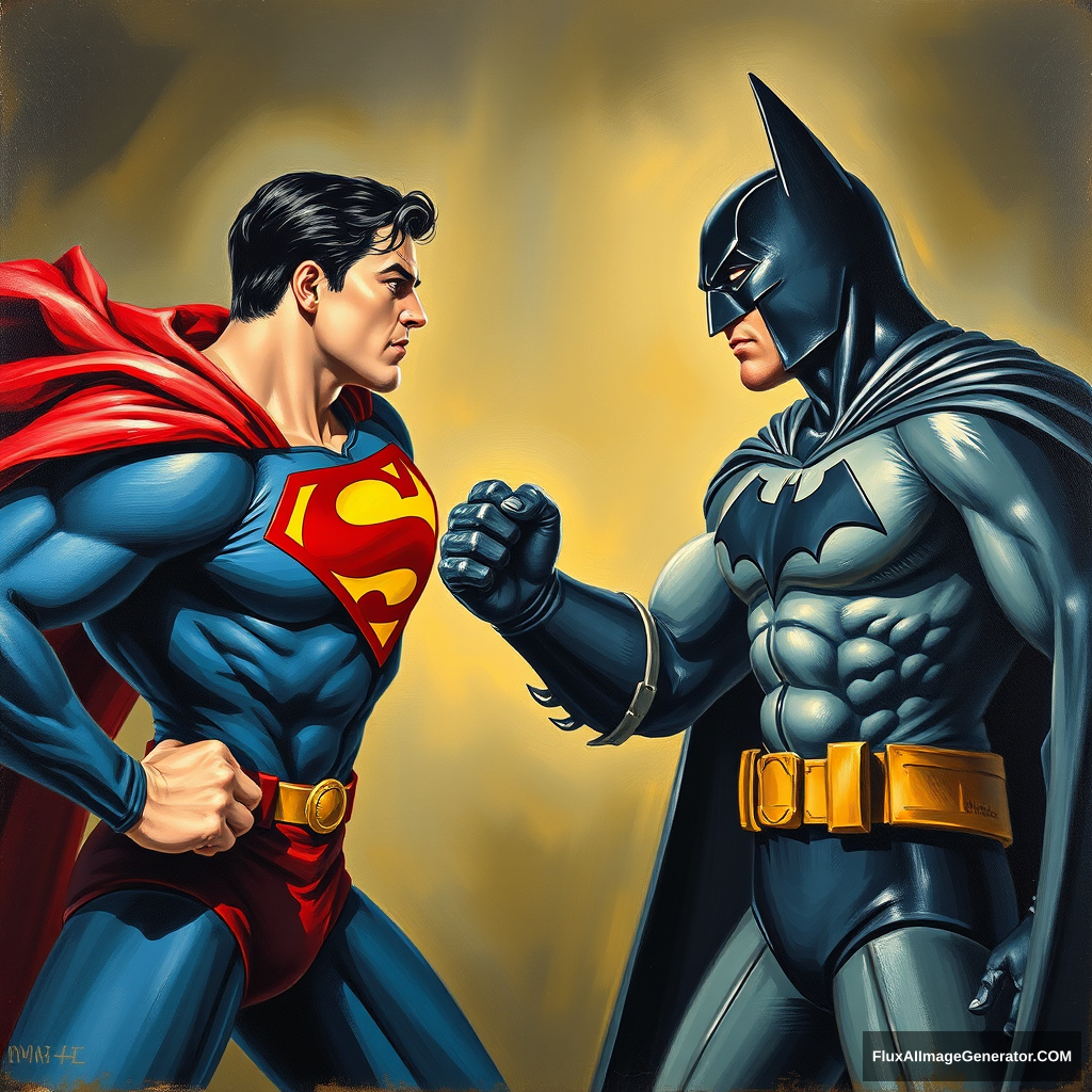 Oil painting of Superman and Batman punching each other in the style of Edward Hopper.