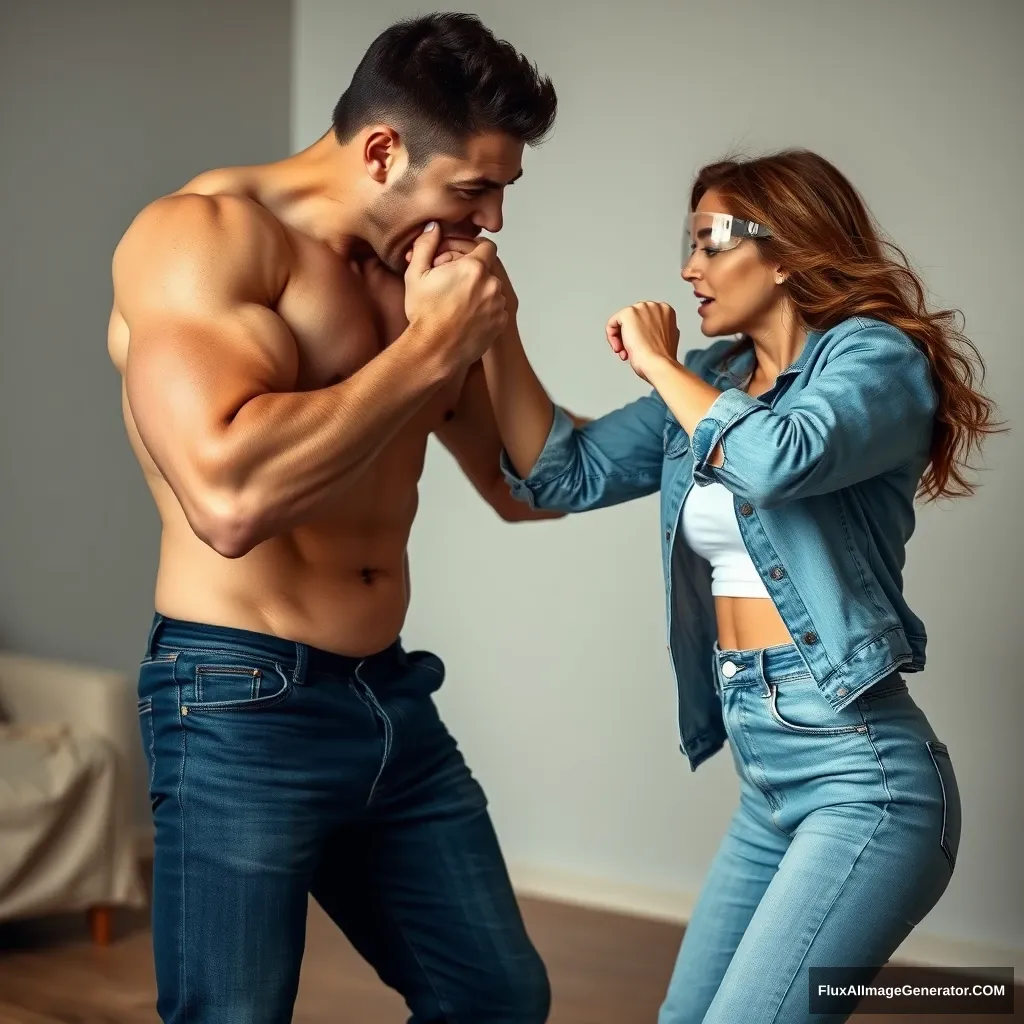 A pretty small delicate and slim lady is fighting her much bigger and muscular boyfriend in a casual fight. She is completely in control, defeating and beating him badly and thoroughly. She is attacking him with a hard punch to his face that makes him stumble and bend backwards, almost falling. He looks defenseless, close to falling unconscious.