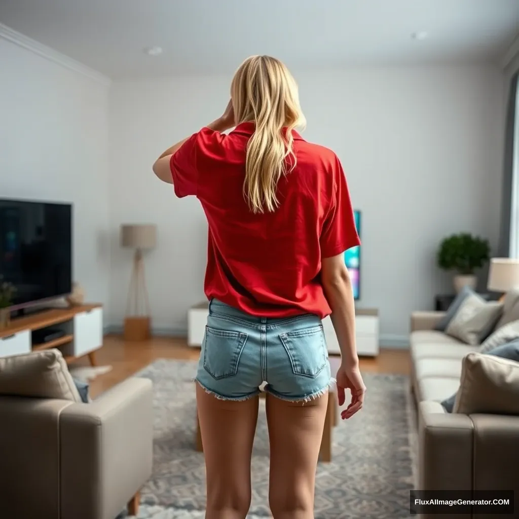 Back view of a young blonde skinny woman who is in her early twenties is in her massive living room wearing a massively oversized red polo t-shirt which is a bit off balance on one of the shoulders and the bottom part of her t-shirt is tucked in. She is also wearing light blue denim shorts and she is not wearing shoes or socks. She faces her TV with a shocked face and she dives into the magical TV head first. - Image