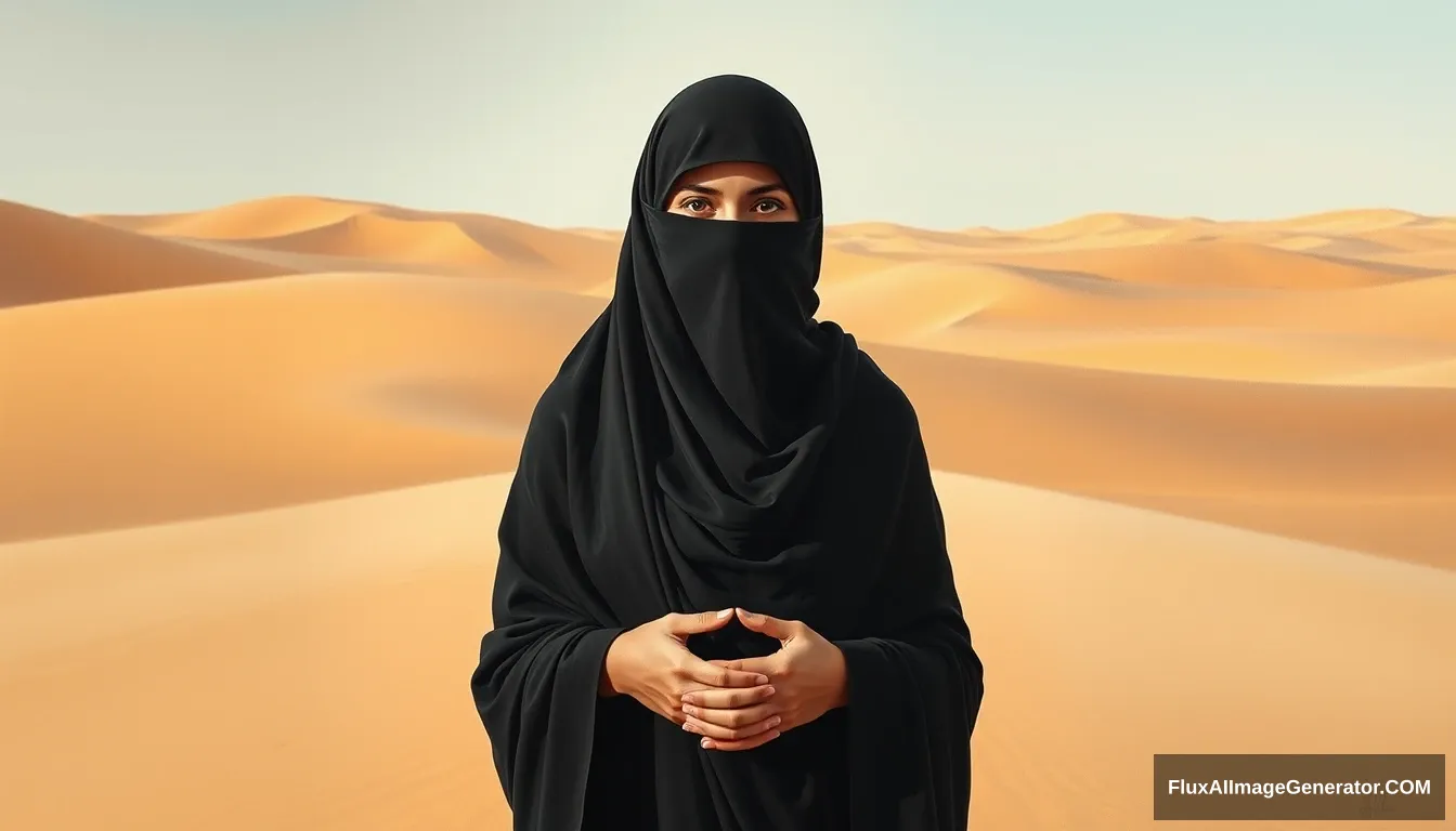 Woman alone, in the desert, palms covered by black cloth, wearing long niqab, neck covered by perfect hijab. realistic, full body, oil painting.