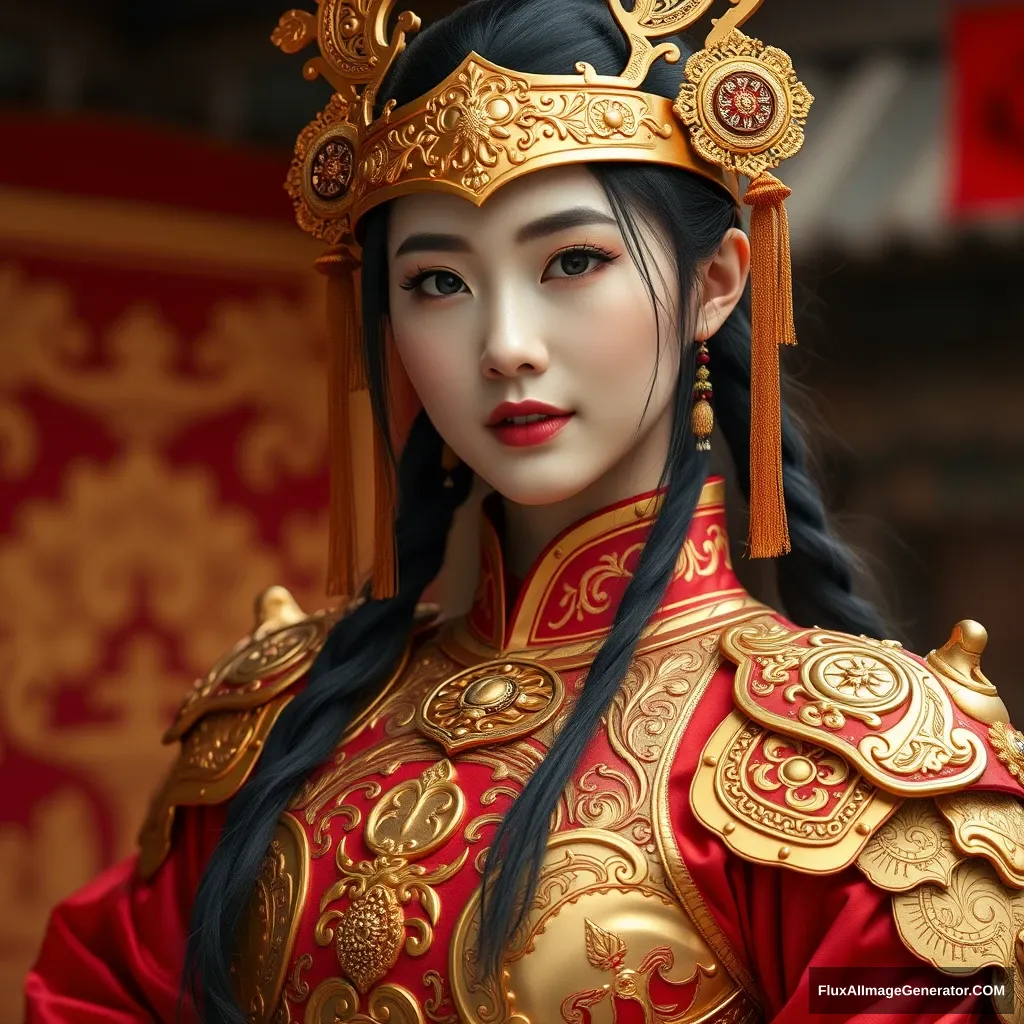 A Chinese beauty wearing a golden battle suit. - Image