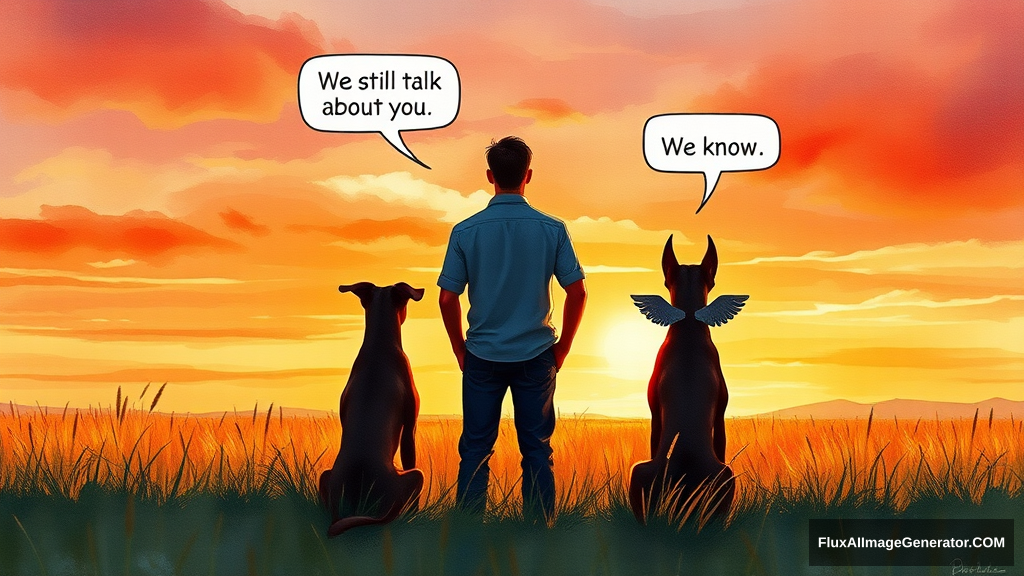 Watercolor illustration: male figure in a meadow at golden hour, silhouetted against a vibrant sunset sky. Three winged canine Doberman companions sat beside him, facing away from the viewer. Speech bubbles float above: "We still talk about you" (person), "We know" (dog). Nostalgic atmosphere, brushstrokes convey wistful longing. - Image