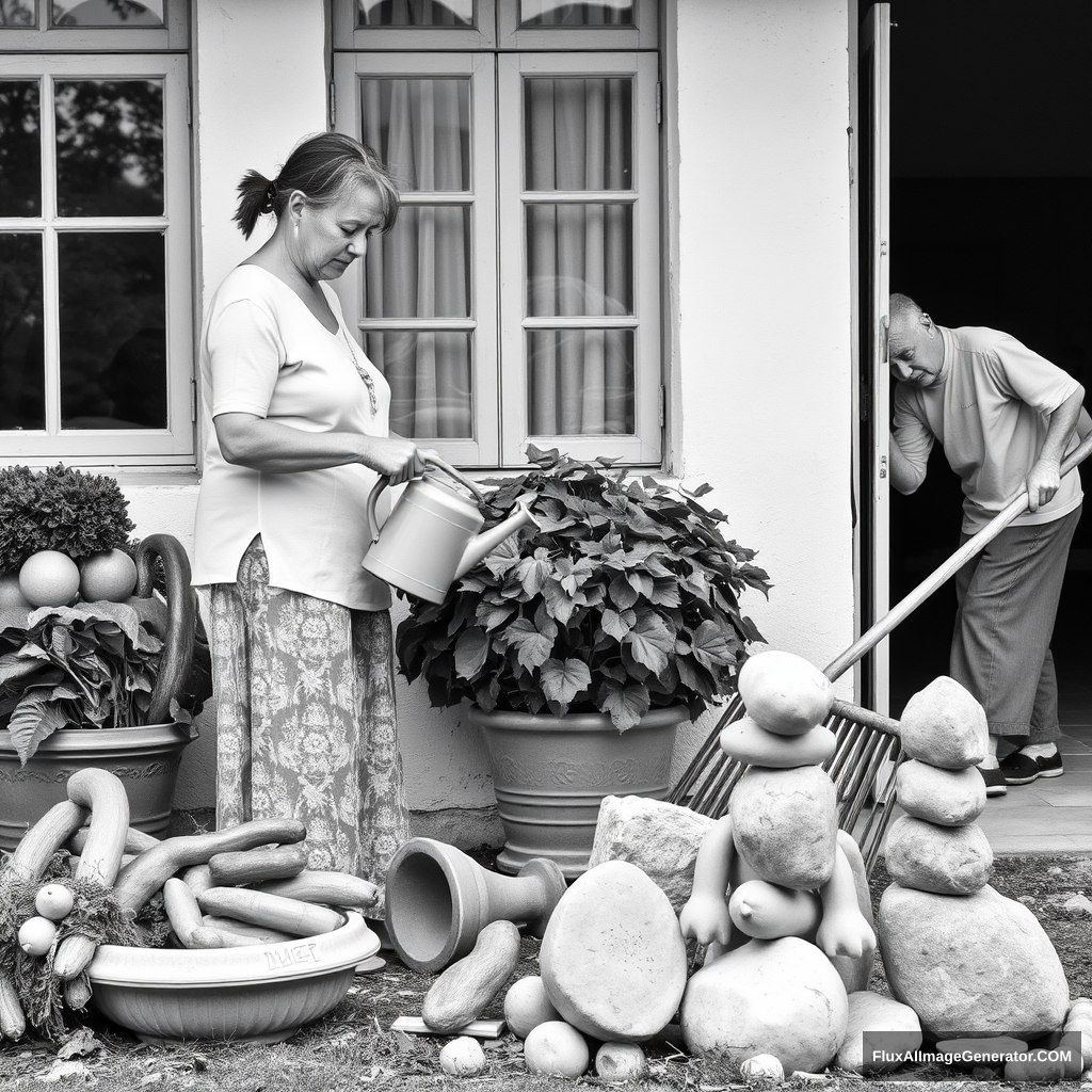 black and white real picture A woman is watering a potted plant. Some vegetables have been piled beside the window. He's raking some leaves. Some stones form a sculpture.