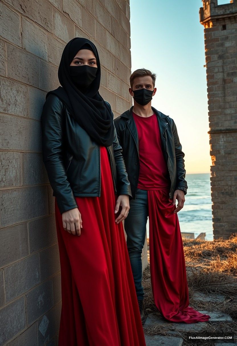 A biggest black hijab girl, beautiful eyes, face mask black, black leather jacket, biggest red longest dress, untall,

Jamie Dornan, handsome, face mask black, fit and tough body, metal red t-shirt, black leather jacket, jeans, tall man,

standing near wall together,
Hyper realistic, photorealistic, street photography, Victoria's abandoned castle, near beach, sunrise.